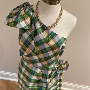 NEW! - - J.Crew silk one shoulder green and pink plaid dress size 4